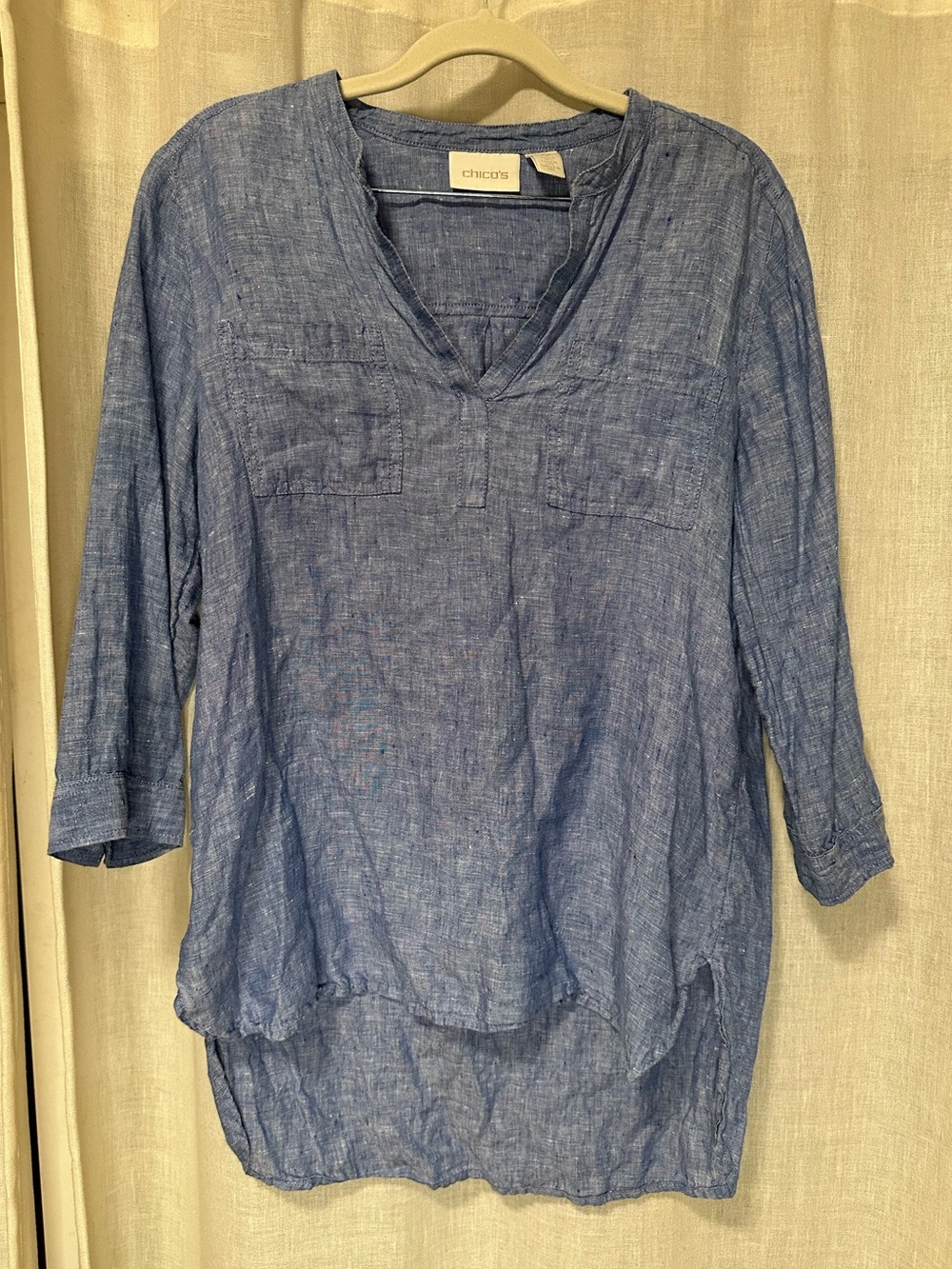 Chico’s Women’s Blue Chambray 100% Linen Tunic Blouse Size 0 Travel Resortwear